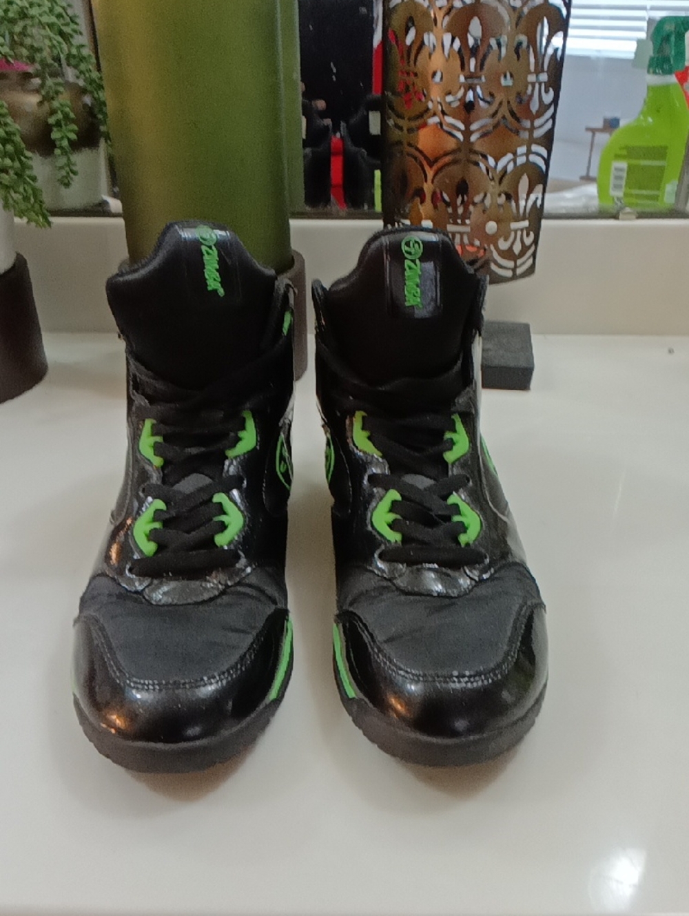 Reebok Black and Neon Green Kids High-Top Sneakers